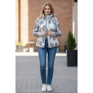Chicos M Paisley Revesible Quilted Puffer Vest Jacket Sweater 2 in 1 Gray Pink